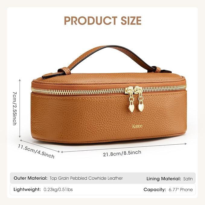 Kattee Makeup Bag for Women, Leather Cosmetic Bag, Working Makeup Bags for Ladies with Handles, Portable Travel Toiletry Bag, Brown