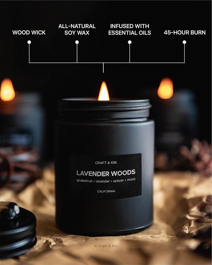 Craft & Kin Lavender Home Fragrance Bundle | Lavender and Wood Scented Candles + Lavender Room Spray | Men's Soy Candles & Room Freshener