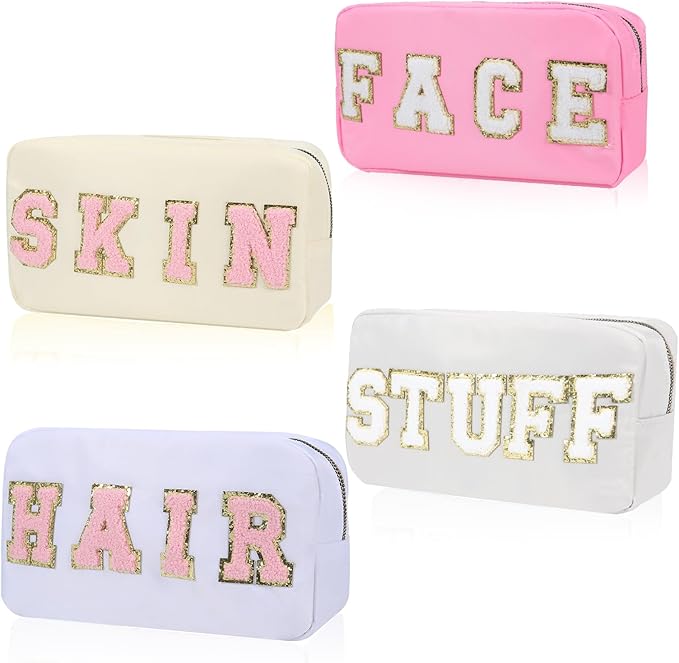 4 Pcs Nylon Cosmetic Bags Travel Organizer Chenille Letter Makeup Pouch Zipper Preppy Waterproof Hair Bag Toiletry Pouch for Women Girls Pinks