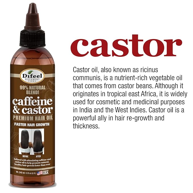 Difeel 99% Natural Premium Hair Oil - Caffeine & Castor Fastest Hair Growth, 8 oz.