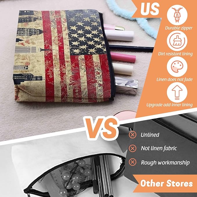 Cosmetic Bags Travel Makeup Toilet Case Waterproof Pouch for Women Girls 6.7X9.45inches - American Flag And Urban Skyline Fusion