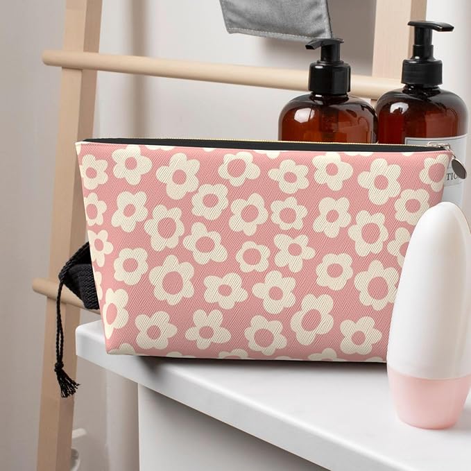Vintage Pink Flower Small Makeup Bag for Women - Leather Travel Cosmetic Bag Make Up Pouch Mini Travel Zipper Pouch - Makeup Organizer Bag