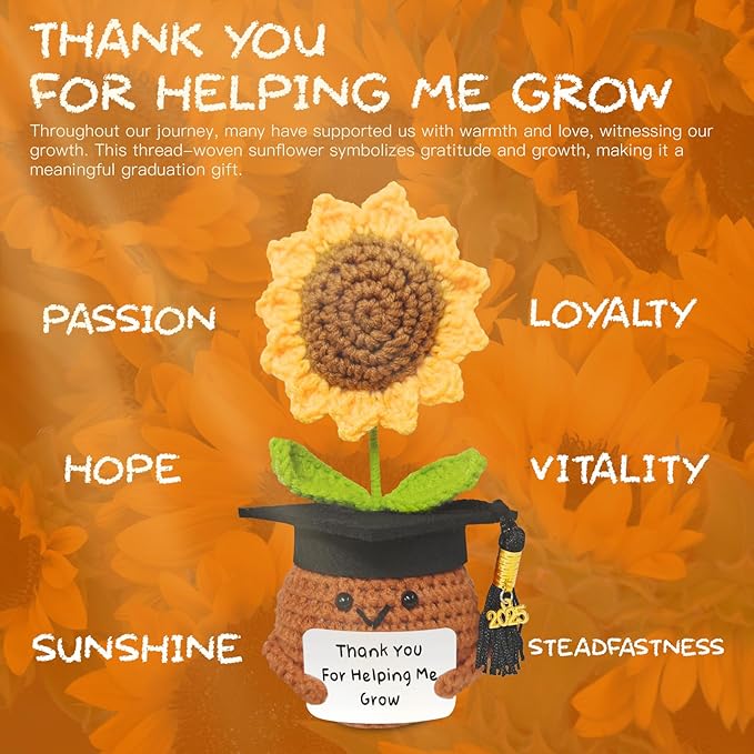 Teacher Appreciation Gifts, Handmade Crochet Sunflower Teacher Gifts, Thank You for Helping Me Grow, Daycare Teacher Appreciation Gifts for Women Men, End of Year Graduation Teacher Gifts (6)