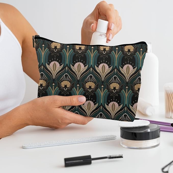 Witchy Vintage 1920s Bats and Flowers Aesthetic Cosmetic Bag - Goth & Halloween Toiletry Bag for Women