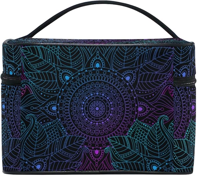 Makeup Train Case Art Arabesque Mandala Boho Ethnic Bohemian Korean Carrying Portable Zip Travel Cosmetic Brush Bag Organizer Large for Girls Women