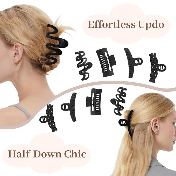 Matte Non-Slip Large Hair Clips for Women 8PCS (All Black), Durable Claw Clips for Women/Girls | Gift-Ready Neutral Hair Accessories for Daily & Special Occasions