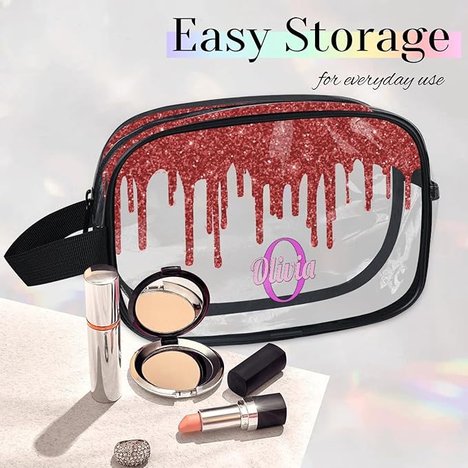 Personalized Travel Cosmetic Bag Waterproof Makeup Bags, Custom Name Clear PVC Organizer Case Toiletries Container Bag, Water Fluid Red Sequins