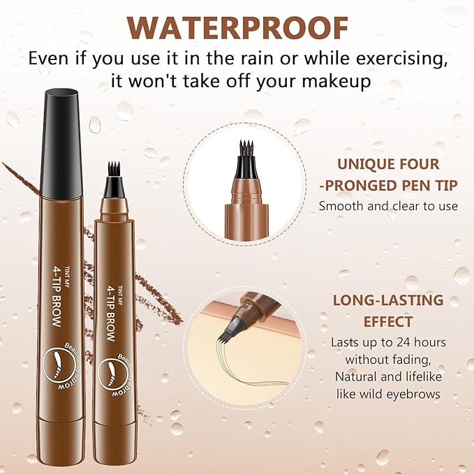 2Pcs Magic Microblading Eyebrow Pencil, 4-Tip Brow Pencil with Micro-Fork Tip, 3D Waterproof Microblading Eyebrow Pen, Eyebrow Tattoo Pen for Natural Makeup (Black)