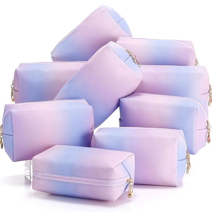 Sanwuta 9 Pcs Makeup Bags Bulk PU Double Zippers Cosmetic Bag Makeup Toiletry Christmas Small Pouch Portable Travel Organizers Case for Women Bridesmaid Party End of The Year(Laser Purple)
