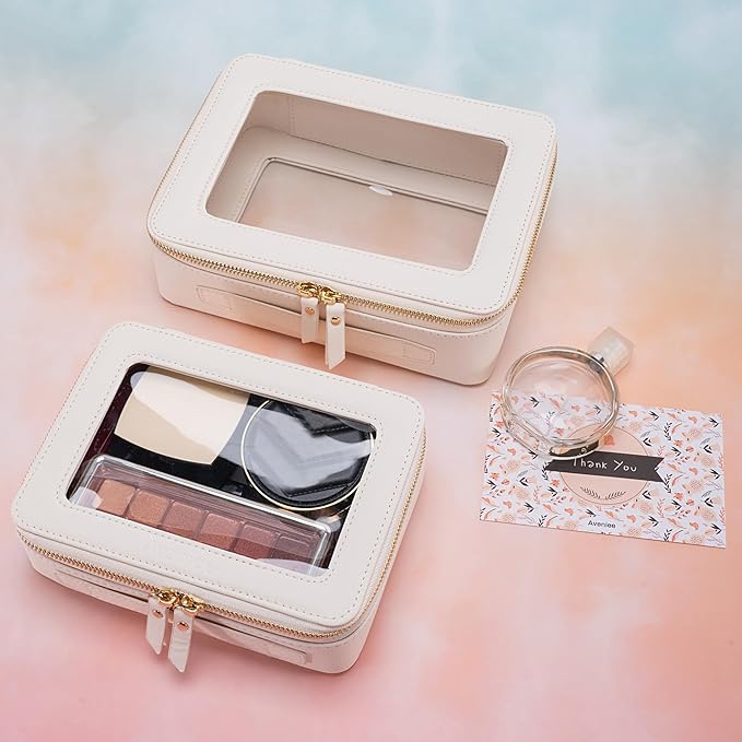 Aveniee Clear Makeup Bag Organizer Set,Portable Travel Toiletry Case for Women, Vegan Leather Cosmetic Pouch Car Bag for Essentials 2pcs,Middle & Large,Beige