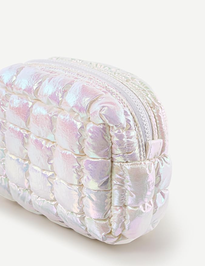 Yarnic Quilted Makeup Bag Cosmetic Bag, Travel Toiletry Bag for Women, Cute Makeup Bag Organizer Puffer Makeup Pouch (Iridescent White, S)