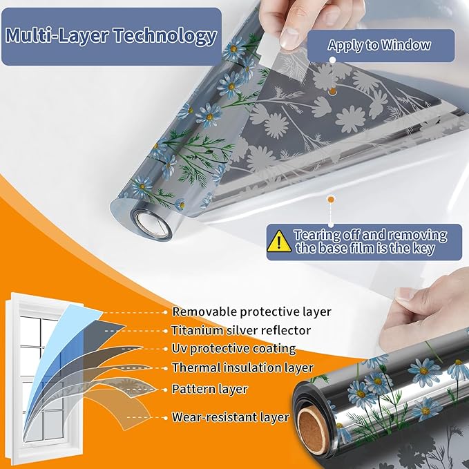 One Way Privacy Film, Window Tint for Home,Daytime Reflective, Anti UV Static Cling Sliding Door Coverings No Glue Garage Solar Paper (Silver -Daisy, 35.4X 78.7 in)