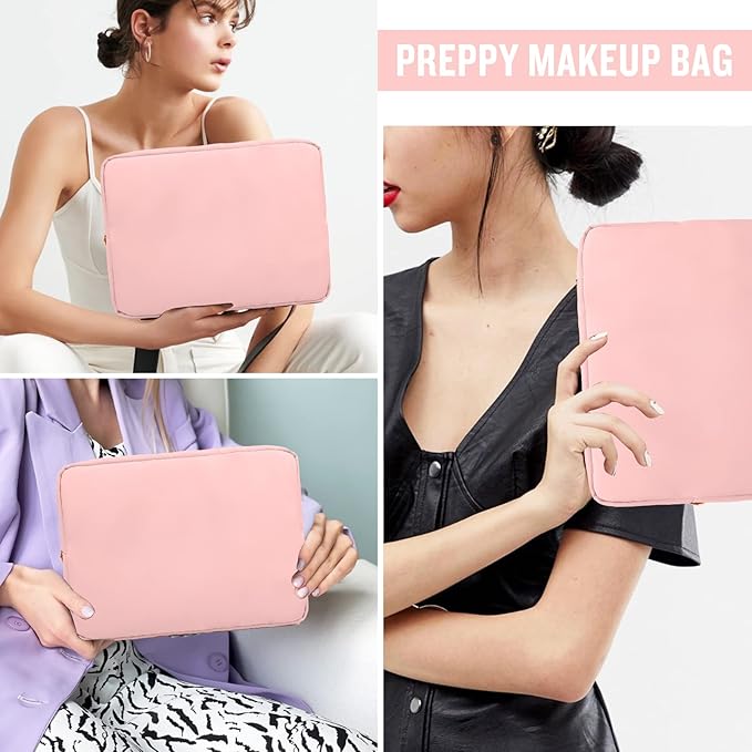 Nylon Large Makeup Bag Travel Pouch for Women, Preppy Big Pink Makeup Bag Cute Cosmetic Zipper Pouch Purse, DIY Chenille Letter Bag Waterproof Toiletry Bag Clutch Makeup Organizer for Women Girl(Pink)