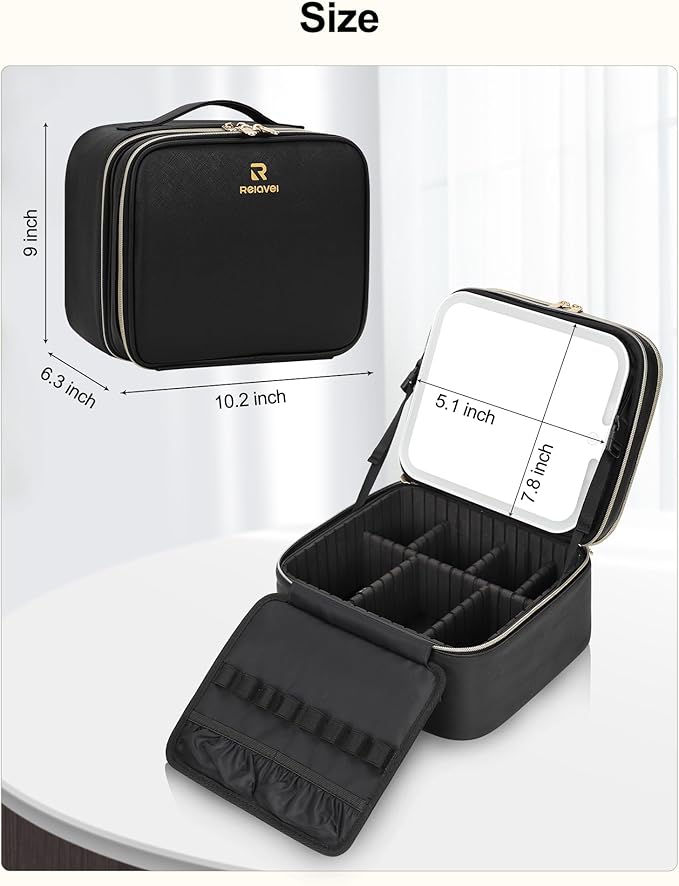 TANTO Travel Makeup Bag with LED Mirror Double Layer Makeup Case with Lighted Mirror Dual Layer Cosmetic Train Case Portable Artist Organizer Bag with Dividers and Rechargeable Vanity (Black, Small)