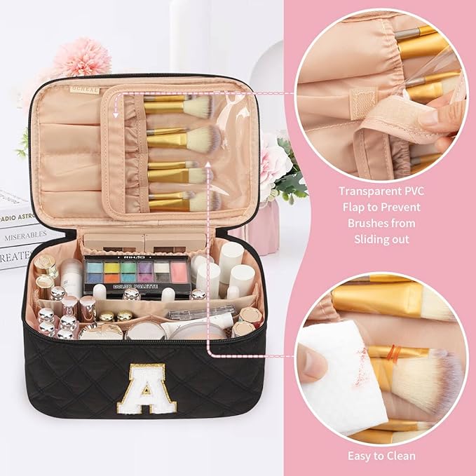 OCHEAL Makeup Bag for Women, Monogram Cosmetic Bag with Brush Holder,Black Travel Makeup Case Beauty Toiletry Bag Organizer Personalized Gifts for Girls Bridesmaid, Sister, Wife, Friends Initial A