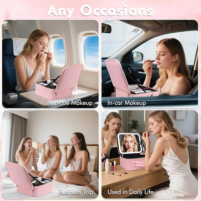 Makeup Bag with Mirror and Light, Travel Makeup Train Case with LED Lighted Removable Mirror, Portable Cosmetic Organizer Make up Bag with 3 Colors Dimming Light, Adjustable Dividers & Brush Board