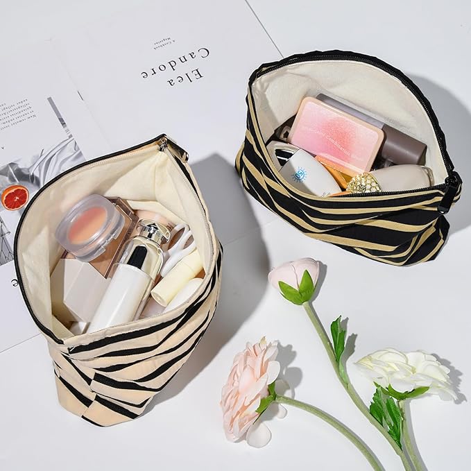 SOIDRAM 2 Pieces Makeup Bag Large Stripe Cosmetic Bag Capacity Canvas Travel Toiletry Bag Organizer Cute Makeup Brushes Aesthetic Accessories Storage Bag for Women, Stripe L Black White
