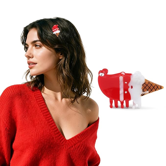 Original Italian Designed Mini Christmas Hair Claw Clips for Women, Strong Grip Plant-Based Acetate Hair Clips for Girls, Cute Santa Ice Cream Hair Accessories with Gift Box 1pcs