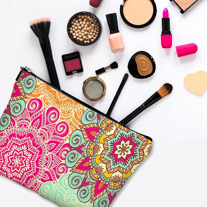 Cute Makeup Bag for Purse Canvas Waterproof Funny Cosmetic Bags for Women Zipper Travel Toiletry Pouch-Boho Flower Makeup Bags