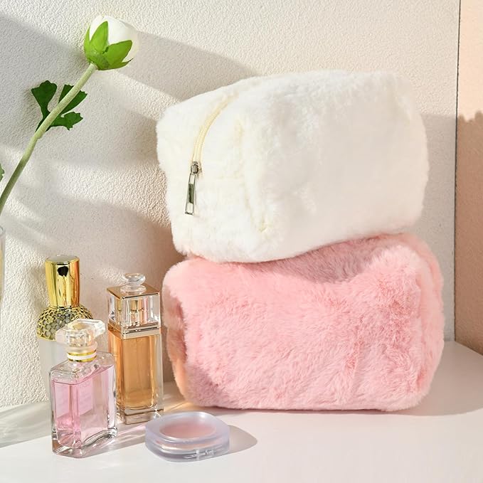 SOIDRAM 2 Pieces Makeup Bag Cute Cosmetic Bag Plush Pink White Makeup Pouch Coquette Travel Toiletry Bag Organizer Fluffy Makeup Brushes Puffy Storage Bag for Women