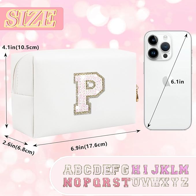 Personalized Initial Makeup Bag, Small Preppy Glitter Letter Cosmetic Pouch PU Waterproof Zipper Travel Toiletry Bag, Unique Letter Patch Makeup Organizer Gift for Women Teen Girls