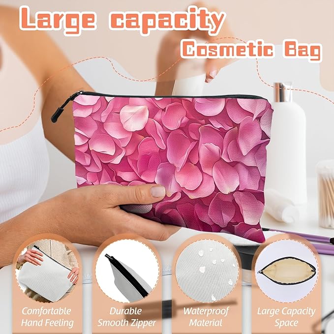 Cosmetic Bags Travel Makeup Toilet Case Waterproof Pouch for Women Girls 6.7X9.45inches - Pink Petals in A Layered Composition