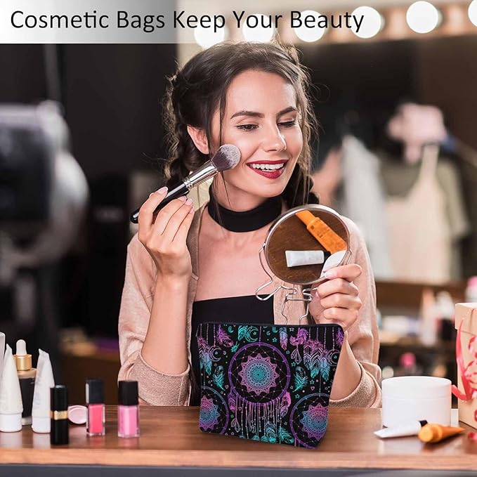 Dream Catcher Cosmetic Travel Bag For Toiletries, Native American Style Dreamcatcher Feathers Makeup Bag Toiletry Bags For Women, Flax Cosmetic Bags Make Up Bag Purse Toiletries Bag