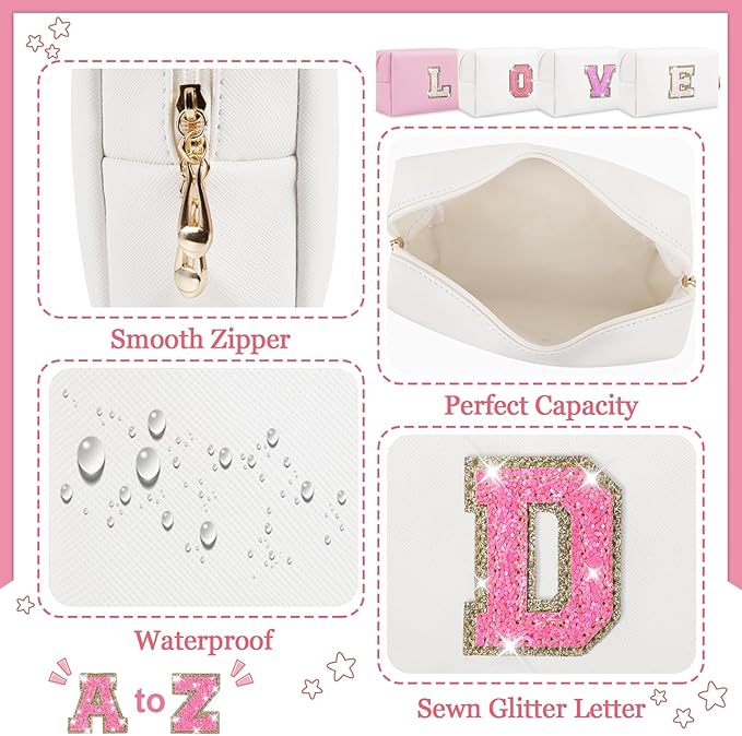 Personalized Initial Letter Makeup Bag, Preppy Glitter Letter Patch Cosmetic Pouch Zipper,PU Waterproof Travel Toiletry Bag Cute Makeup Organizer Monogrammed Make Up Bag,Gift for Women Girls(Letter D)