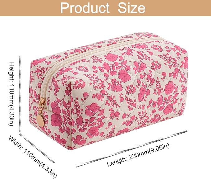 Cute Square Floral Cotton Makeup Cosmetic Bag for Women Girls, Travel Quilted Zipper Make Up Bag, Square Flowers Organizer Case Kawaii Makeup Cosmetic Travel Cloth Pouch (Red Floral)