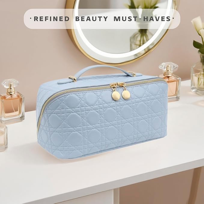 Travel Makeup Bag – Large Cosmetic Organizer with Waterproof PU Leather, Smooth Double Zipper & Tear-Resistant Lining, Toiletry Pouch for Women (Ice)
