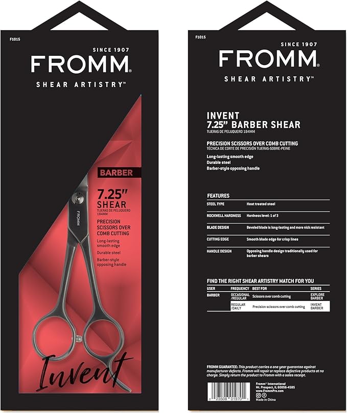 Fromm Invent 7.25" Barber Shears for Over-Comb Cutting, Gunmetal Heat Treated Steel with Beveled Blade and Smooth Edge