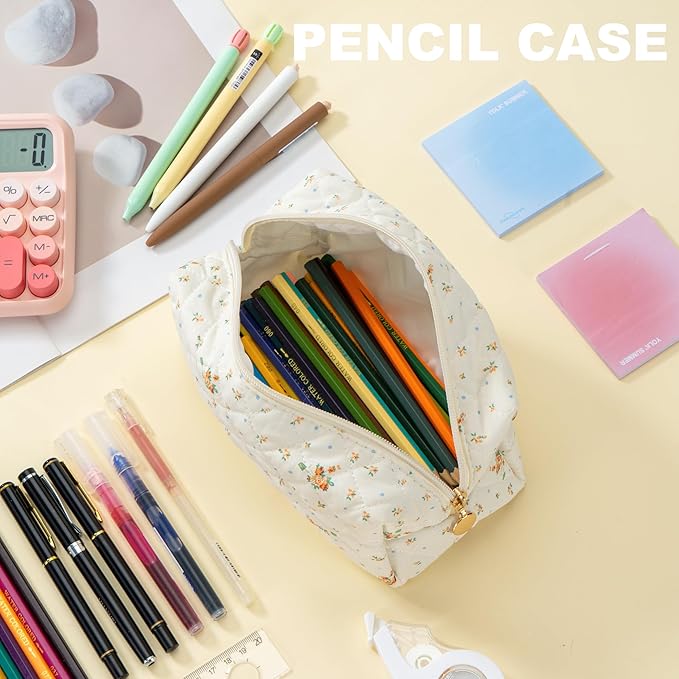 Makeup Bag Travel Toiletry Bag for Women, Small Cosmetic Bags Cute Quilted Cotton Makeup Pouch for Purse Emergency Bag for School Floral Pencil Case Accessory Bag, Orange Floral