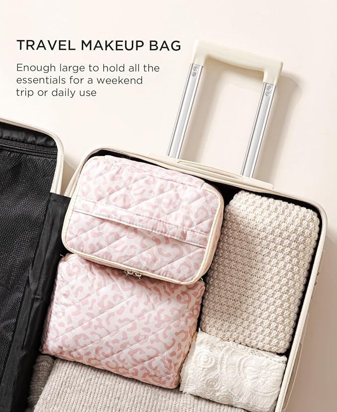 HBselect 2Pcs Travel Makeup Bag, Large Cotton Quilted Makeup Bag Cosmetic Bag Cute Make up Bag Toiletry Bags for Women Girls
