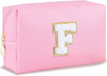 Initial Makeup Bag Personalized Preppy Travel Small Cosmetic Bag Cute PU Pink Chenille Letter Makeup Pouch for Purse Waterproof Zippered Toiletry Organizer for Women Girls Kids Friends (F)