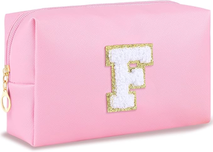 Initial Makeup Bag Personalized Preppy Travel Small Cosmetic Bag Cute PU Pink Chenille Letter Makeup Pouch for Purse Waterproof Zippered Toiletry Organizer for Women Girls Kids Friends (F)