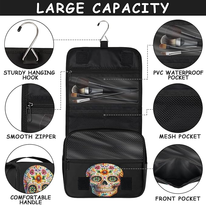 Travel Toiletry Bag for Women & Men Skull Cool Flower Hanging Cosmetic Organizer Portable Waterproof Makeup Case Make Up Bag with Compartments Travel Essentials for Bathroom Shower