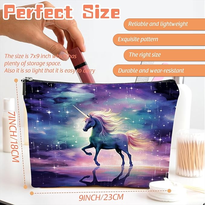 Makeup Bag Travel Cosmetic Bags Small Makeup Case Waterproof Zipper Pouch for Women Girls 7X9inches - Unicorn in A Starry And Cloudy Background