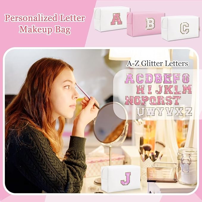 Glitter Initial Letter Makeup Bag, Small Personalized Sequins Letters PU Leather Cosmetic Bag Portable Waterproof Makeup Zipper Pouch, Shine Handbag Organizer Travel Bag Gifts for Women&Girls(White-J)