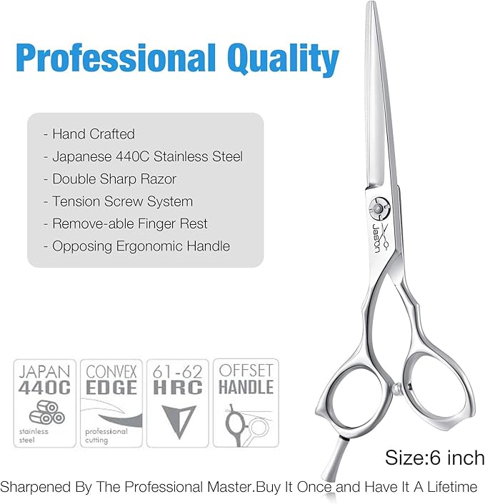 JASON 6 Inch Left Handed Barber Hair Cutting Scissors Professional Salon Shears Razor Edge Hairdressing Scissor Japanese Stainless Steel Reversible Haircut Shear for Men Women Christmas Gift