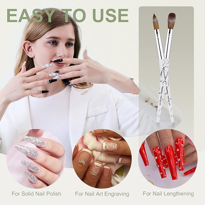 Acrylic Nail Brush Size 14,KEMEISI 100% Pure Kolinsky Nail Art Brushes Sturdy Marble Handle Oval Shaped Acrylic Powder Nail Design Tools for Professional Manicure DIY Home Salon (White)