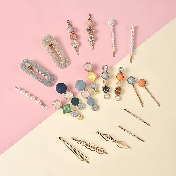 Mehayi 20 PCS Macaron Pearls and Acrylic Resin Hair Clips, Handmade Cute Hair Barrettes Bobby Pins, Glitter Crystal Geometric Hairpin, Elegant Gold Hair Accessories, Gifts for Women Girls…