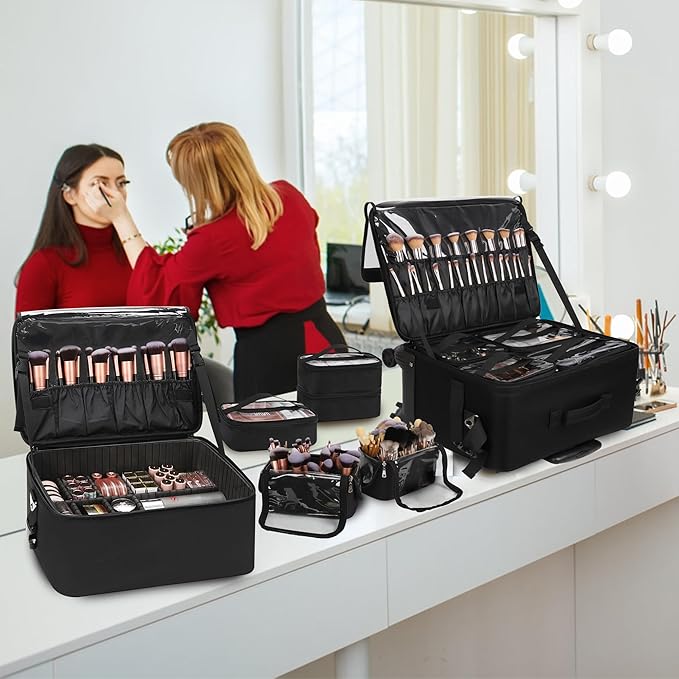 TANTO Rolling Makeup Bag Professional Makeup Artist Bags 4 in 1 Makeup Case on Wheels Rolling Cosmetics Organizer Extra Large Cosmetology Case With 360° Swivel Wheels and Adjustable Dividers
