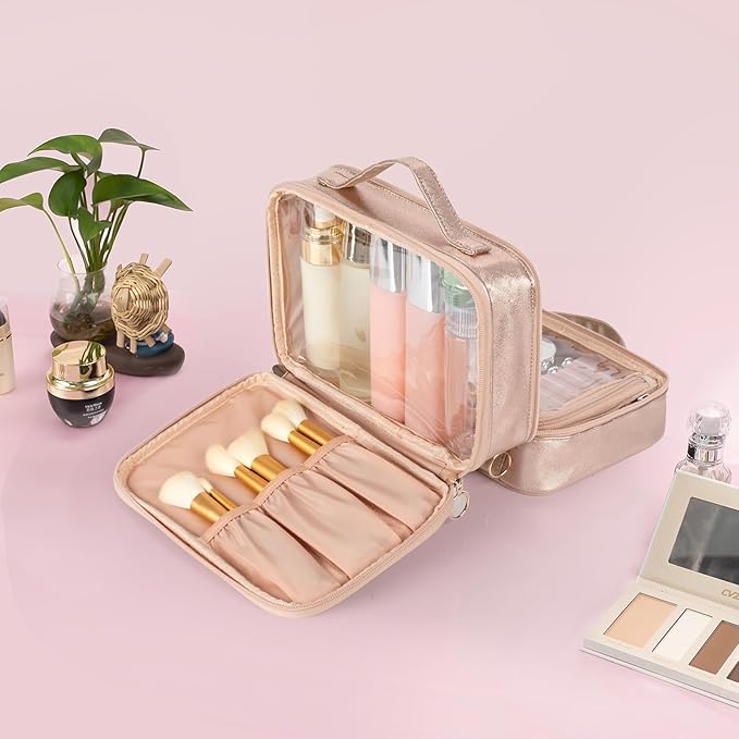 OCHEAL Clear Makeup Bag, Double Layer Cosmetic Bag, Large Capacity Minimalist Cosmetic Case for Women Travel Beauty Essentials, Multiple Compartments Makeup Case Organizer Zipper Pouch -Rose Glod