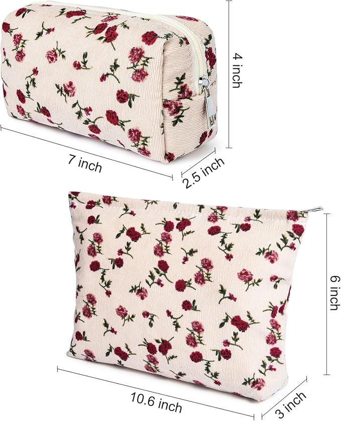 SOIDRAM 2 Pieces Rose Makeup Bag Large Corduroy Cosmetic Bag Capacity Canvas Mix Travel Toiletry Bag Organizer Cute Makeup Brushes Aesthetic Accessories Storage Bag for Women, Rose Mix White
