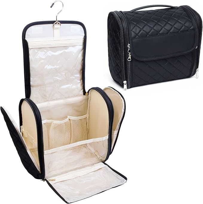 Inmorven Makeup Bag for Women with Hanging Hook - Portable Cosmetic Case, Large Portable Capacity Travel Hanging Toiletry Bag Organizer Case for Toiletries and Cosmetics, Black