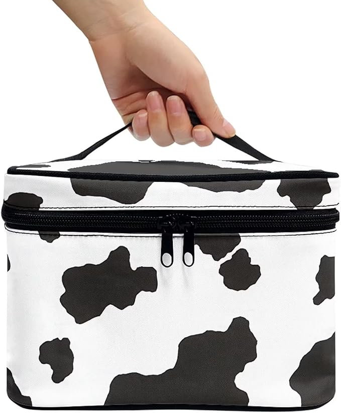 White Black Cow Cowhide Cute Print Portable Makeup Bags for Women Large Capacity Cosmetic Organizer and Storage Pouch with Zipper and Handle Travel Toiletry Accessories