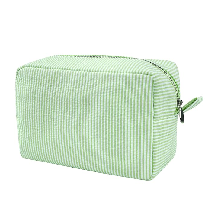 GFU Cosmetic Bags for Women, Seersucker Cosmetic Bag, Travel Toiletry Stripe Makeup Bag, Large Women Aesthetic Organizer Storage Pouch, Girls Handbags Purses, Green