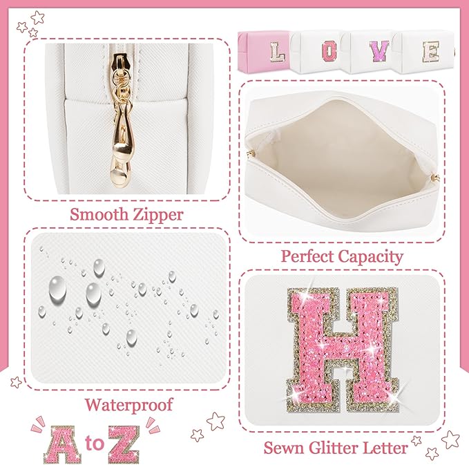 Personalized Initial Letter Makeup Bag, Small Glitter Letter Patch Cosmetic Pouch Zipper, Preppy Makeup Organizer PU Waterproof Travel Toiletry Bag, Monogrammed Birthday Gift for Women Girls