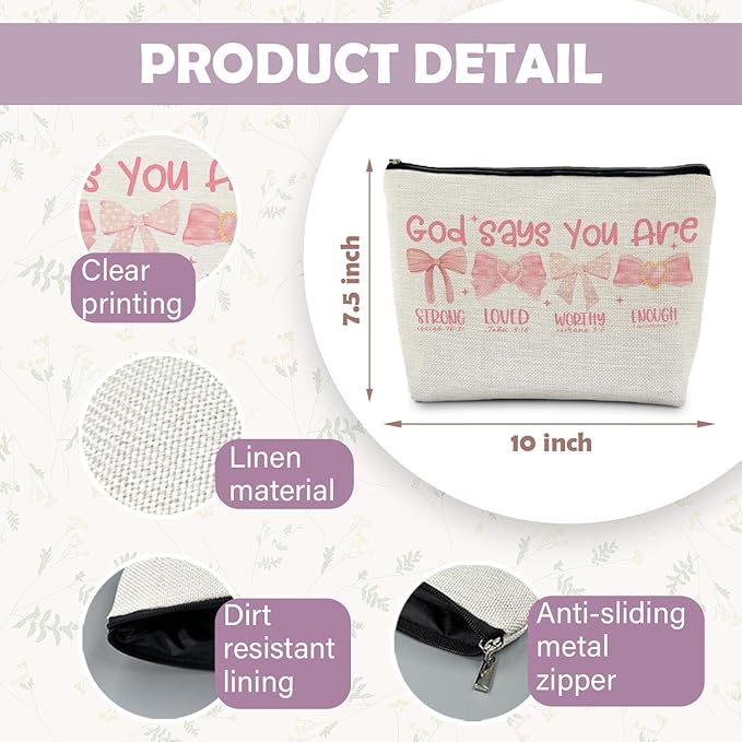 Bow Makeup Bag - God Says You Are Strong, God Gift for Women, Encouragement Gift for Teen Girls, Pink Bows Bible Verse Scripture Christian Makeup Bag Cosmetic Pouch