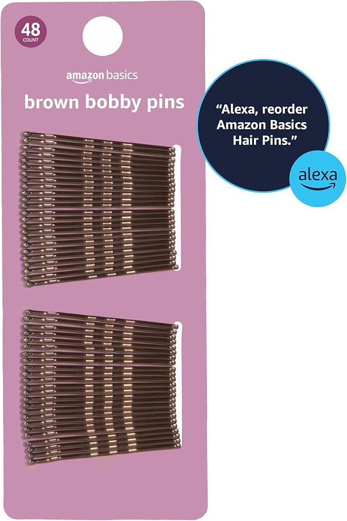 Amazon Basics No Slip Bobby Pins, 48 count, Brunette Brown, High Gloss Bobby Pins for Pain Free, Comfortable, All-Day Styling and Up Dos. For All Hair Types